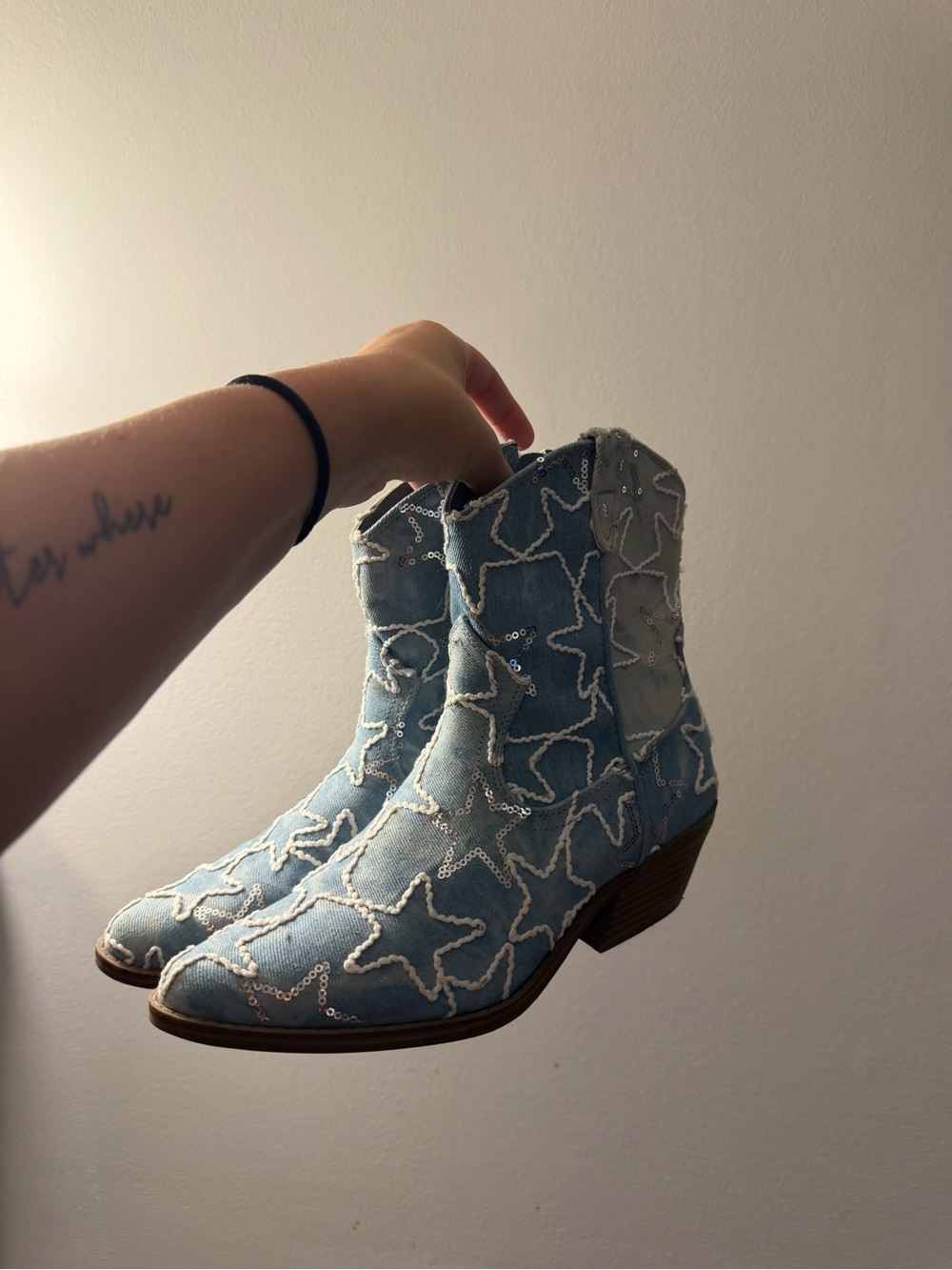 Light Blue Star Embellished Western Ankle Boots - Women